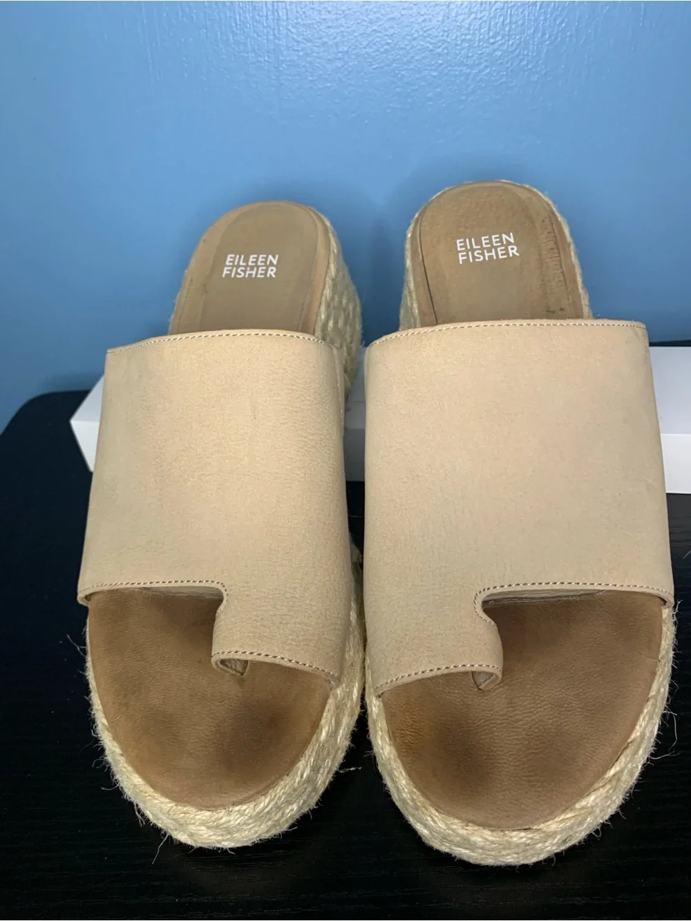 Eileen Fisher Tan Espadrille Platform Slide Sandals